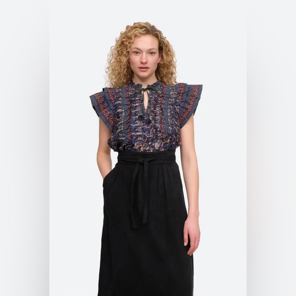 Sea Noah Pintuck Navy Ruffle Blouse
